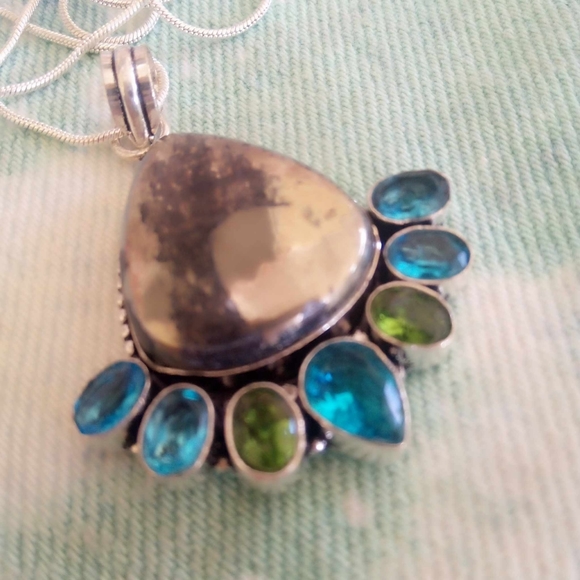 ❤ Artisan Apache Goldstone Pyrite + Aquamarine + Peridot SS 925 Pendant Necklace - Picture 3 of 6